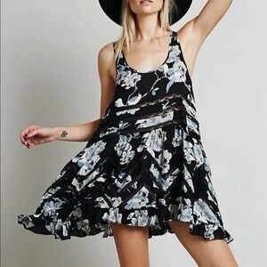 Intimately Free People Black Floral Lace Voile Goth Trapeze Slip Dress Tunic XS
